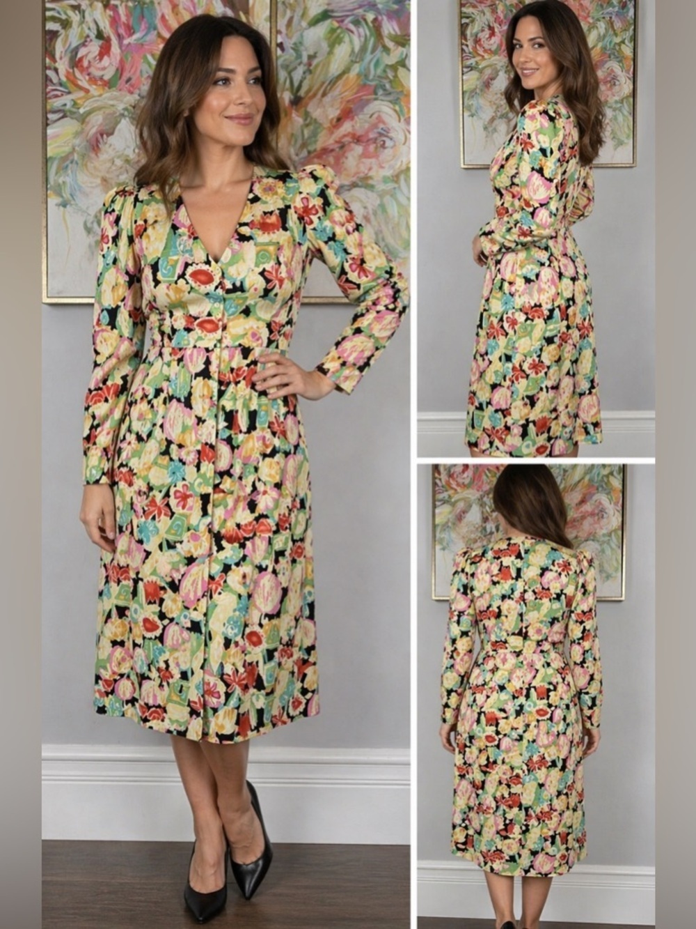 Vintage 80s Pat Argenti Boutique Floral Print Midi Dress Size 10